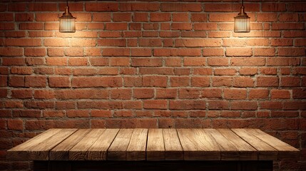 Rustic Wooden Shelf in Front of a Red Brick Wall Lit by Two Warm Sconces
