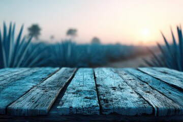 Rustic Wooden Table Surface Against Blurred Agave Field at Sunrise