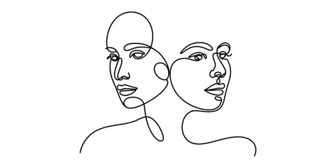 Continuous line drawing of two women faces side by side minimalist art