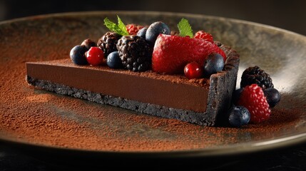 Slice of Decadent Chocolate Tart Garnished with Fresh Berries and Mint on Bronze Plate, Dark Moody Food Photography
