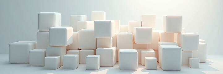 Obraz premium Display of stacked and arranged white cubes showcases a 3D rendered composition. Various sized blocks form a geometric structure, creating a visually engaging and modern backdrop with soft shadows.