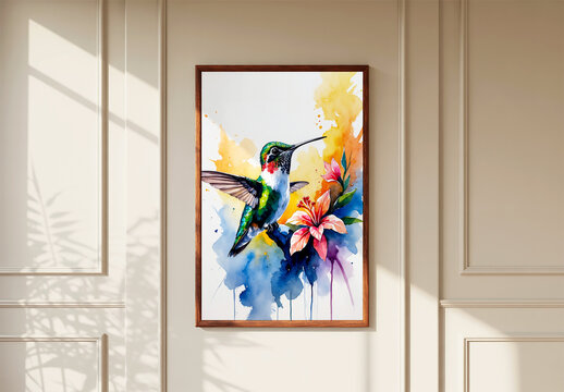 Vertical Photo Frame Mockup with Watercolor Bird Art
