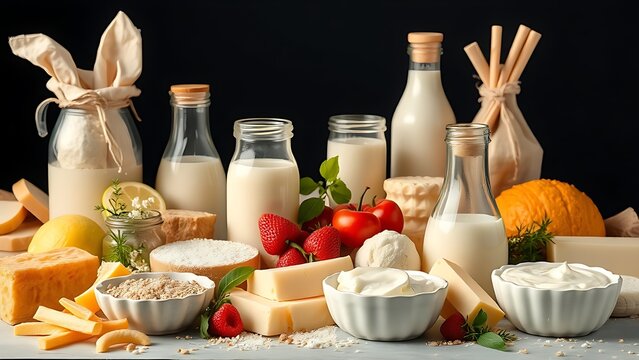 persulfide. Assortment of fresh dairy products arranged in beautiful showcase. menu design, packaging mockups, designed for culinary blogs and recipe cards for restaurants.