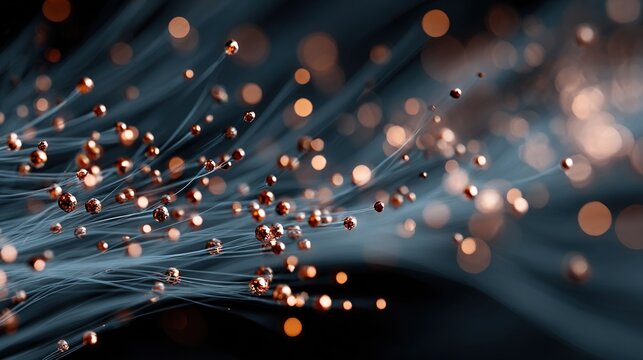 Luminescent data exchange under an abstract macroscopic concept: luminescent organic fibers and crystal nodes interconnected on a dark background, with out-of-focus light spots.