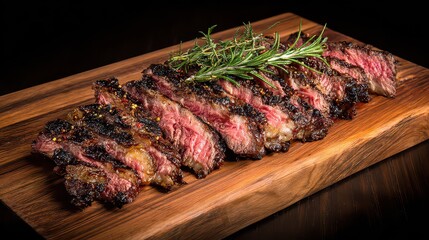 Sliced Grilled Steak Garnished with Rosemary on Wooden Board in Dark Setting