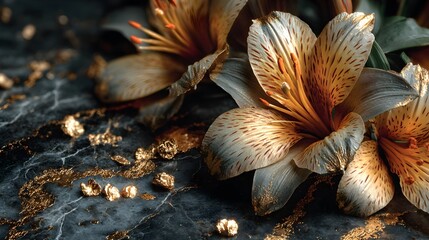 Elegant alstroemeria flowers with gold accents rest upon dark marble scattered with precious gold nuggets creating a luxurious composition