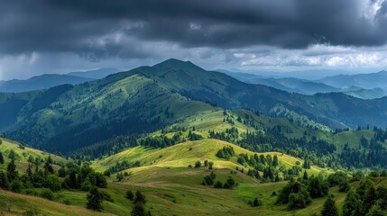 Fototapeta premium Rolling Green Hills under Dramatic Cloudy Sky in Countryside Landscape with Verdant Trees and Grass Under Natural Sunlight in Outdoor Scenery
