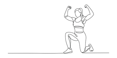 One line drawing of woman doing lunge exercise and flexing muscles
