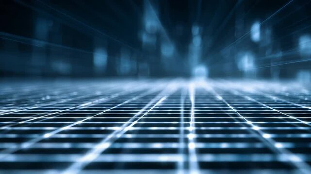 Futuristic digital grid illuminated with glowing blue lights, representing advanced technology and virtual data flow. Abstract perspective creates a sense of depth and innovation
