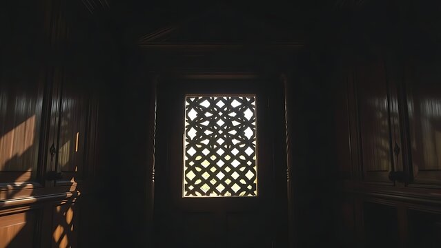 confessional. A vintage wooden confessional booth with light filtering through its lattice grill. event programs, museum guides, designed for cultural heritage projects and event programs.