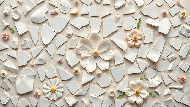 labdanum. Broken porcelain fragments reassembled into an elegant floral mosaic on a neutral surface, top-down view. menu design.