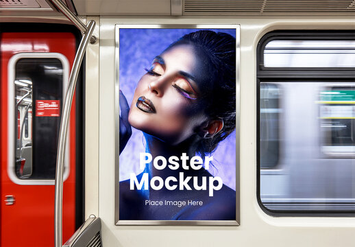 Vertical Poster Mockup with Fashion Ad in Subway Train