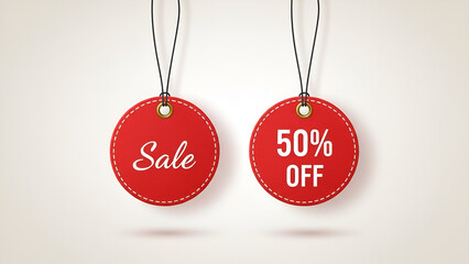 Red round sale tags with string loops &mdash; 50% off tag and discount label for retail branding

