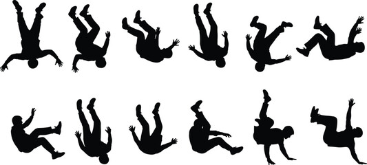 Set of twelve dynamic breakdancing and acrobatics silhouettes showing men performing power moves, head spins, and flips, ideal for dance and extreme sport vector illustration.