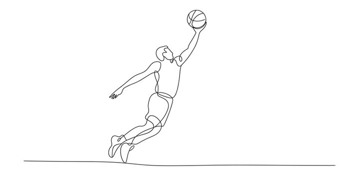 Continuous line drawing of basketball player jumping for a layup shot