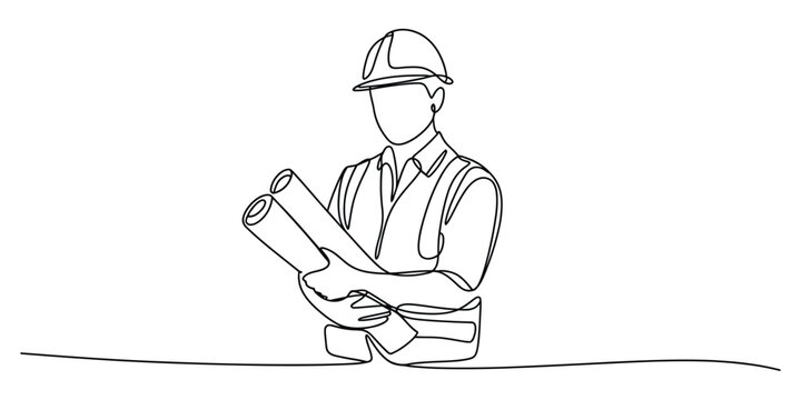 One line drawing of construction worker holding blueprints