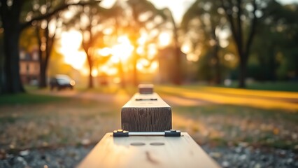 fulcrum. Wooden seesaw in a peaceful park at golden hour, showing perfect equilibrium. event key visuals, club posters, designed for sports event promotions and stadium branding.