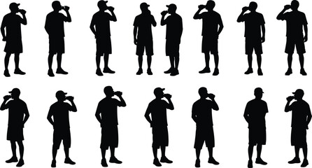 Set of Young Man Avatars Silhouette Vector Illustration, Male with Curly Hair in Various Poses like Waving, Praying, and Shy, Representing Different Emotions and Actions.