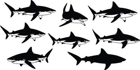 Shark silhouettes set, vector illustration collection of dangerous sea animals, great white shark swimming, predator fish figures isolated on white  © MDMOSTAKIM