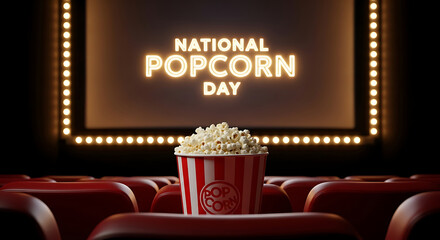 Bucket of popcorn sits in empty movie theater for national popcorn day
