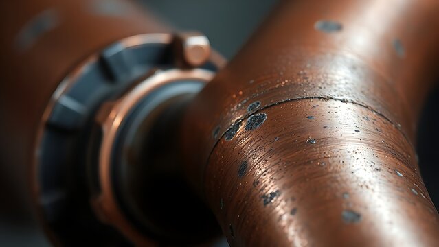 brazed. Close-up of a copper pipe joint with a shiny brazed seam and oxidation. safety posters, maintenance manuals, designed for industrial assembly lines and welding operations, used by engineers.