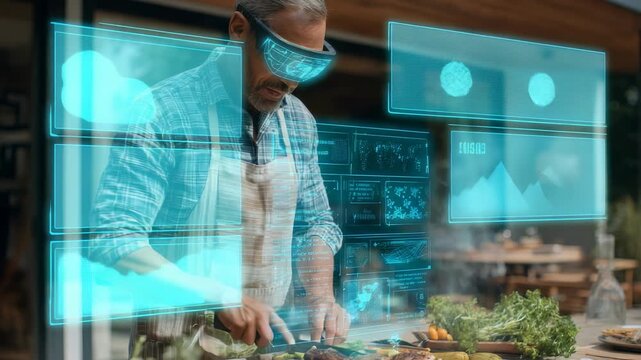 A man wearing futuristic augmented reality glasses prepares a meal in a modern outdoor kitchen. Digital holograms display interactive cooking instructions and recipes in real time