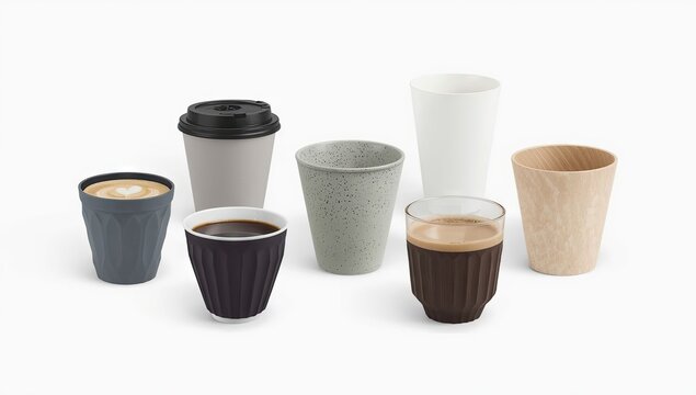Assortment of various coffee cups, with different sizes, materials, and designs, filled with beverages such as espresso, latte, and black coffee, arranged artfully against a clean, white background...