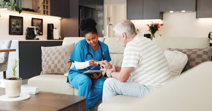 Home, nurse and old man with oximeter, tablet and conversation with heart health, wellness and pulse. Digital app, blood oxygen status or caregiver with senior person, haemoglobin results or feedback