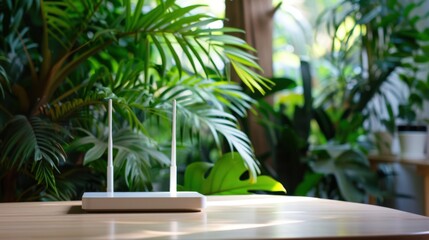 White wireless router with two antennas on a light brown wooden table with green plants in background provides internet connection