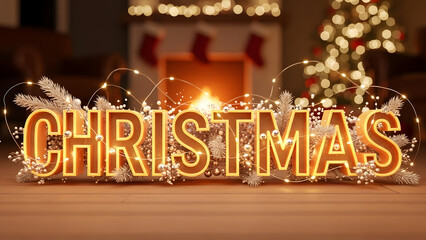 Luminous christmas decoration with golden letters and snowflakes