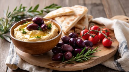 A Mediterranean grazing platter with hummus, olives, and pita on a distressed wooden table under natural sunlight. 