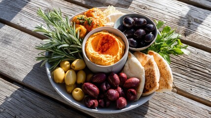 A Mediterranean grazing platter with hummus, olives, and pita on a distressed wooden table under natural sunlight. 