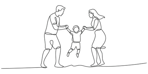 Continuous line drawing of parents holding a child between them, playing