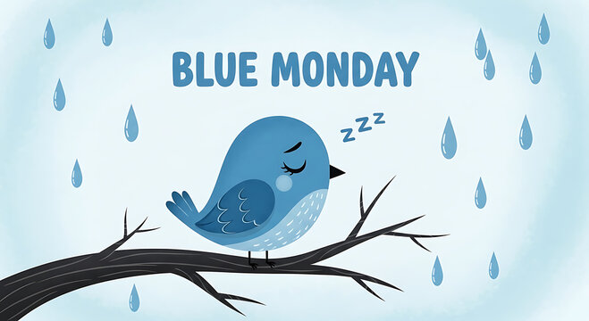 Sad blue bird sleeping on branch during blue monday rain