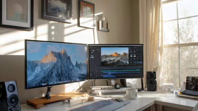 Modern home office workspace with dual monitors, video editing software, and natural sunlight streaming through a large window. Creative digital workstation setup for productivity and inspiration