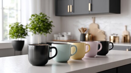 A modern kitchen island with a row of pastel coffee cups, surrounded by a chic kitchen with matte black fixtures and greenery. 