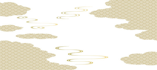 流水紋と雲取りの背景イラスト　和風　波紋　吉祥文様　青海波