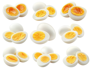 Whole and sliced hard-boiled eggs with firm yolk isolated on white transparent background