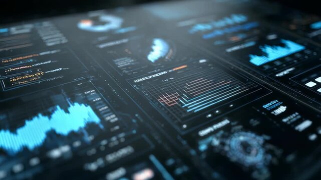 Futuristic digital dashboard displaying dynamic data analytics, interactive charts, and real time statistics. Modern interface design highlights advanced technology and business intelligence trends