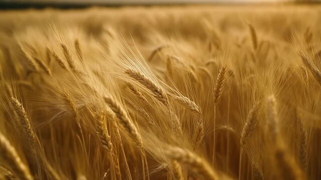 Golden ripe wheat ears gently swaying in a sun-drenched field, capturing the essence of a bountiful harvest and the serene beauty of agricultural landscapes