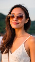 A radiant close-up of a Gen Z Malaysian woman in chic sunglasses, gazing confidently at the camera with a tropical sunset behind her.