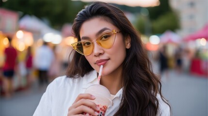 A relaxed portrait of a Gen Z Thai woman in bold cat-eye sunglasses, sipping a bubble tea on a bustling street market at dusk. 