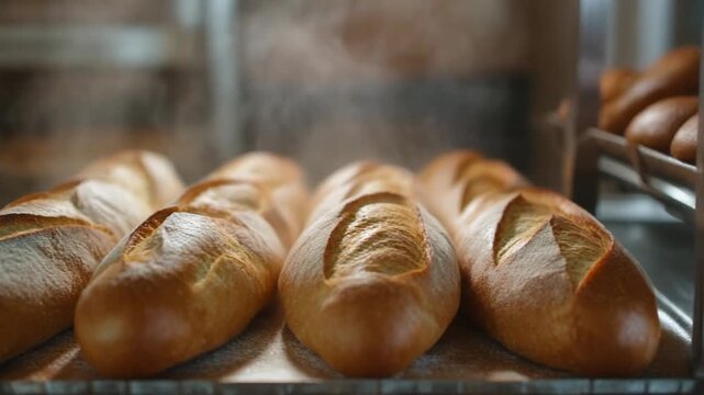 Warm, golden-crusted artisanal bread loaves fresh from the oven, emitting steam and a comforting aroma, ready to be enjoyed as a delightful bakery treat