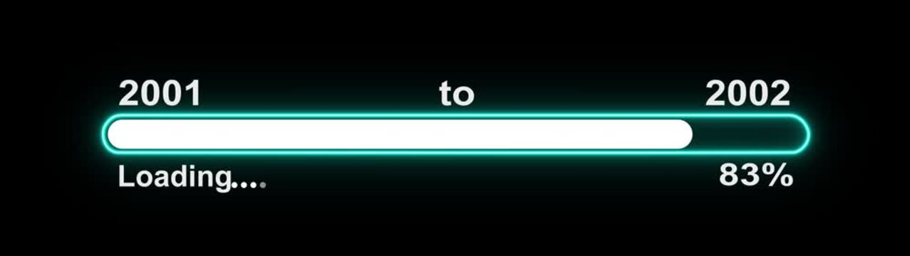 New year 2002 loading bar animation, Loading bar from 2001 to 2002 new year transfer animation. Almost reaching New Year on black background. Welcoming the happy new year 2002. 4k video alpha channel.