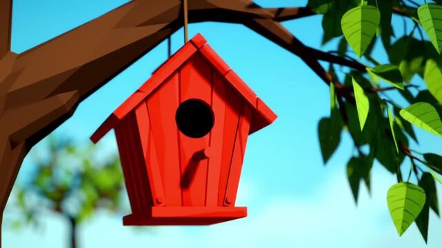 Red birdhouse in tree, perfect for outdoor and naturethemed design projects needing a pop of color and rustic charm. Suitable for marketing materials.
