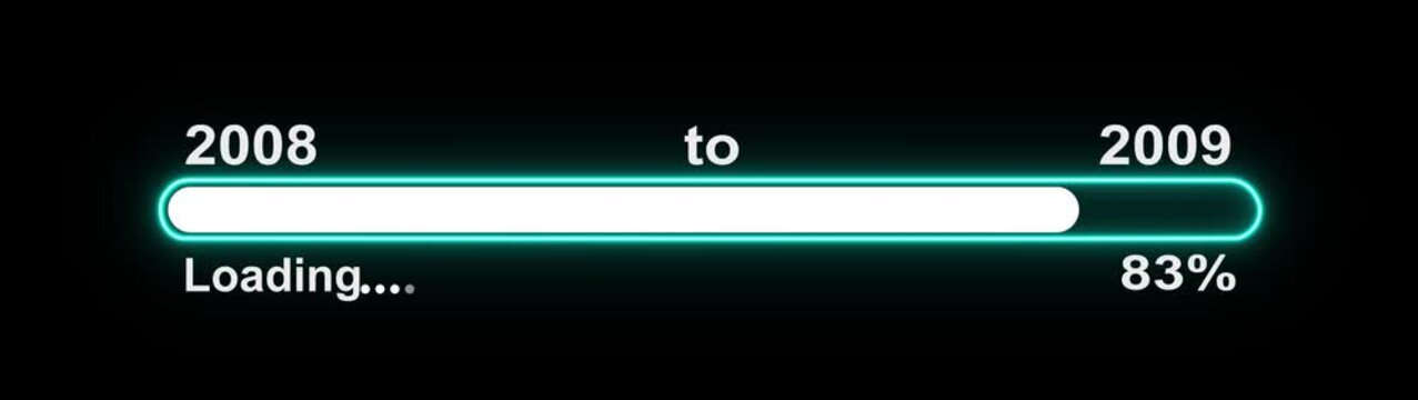 New year 2009 loading bar animation, Loading bar from 2008 to 2009 new year transfer animation. Almost reaching New Year on black background. Welcoming the happy new year 2009. 4k video alpha channel.