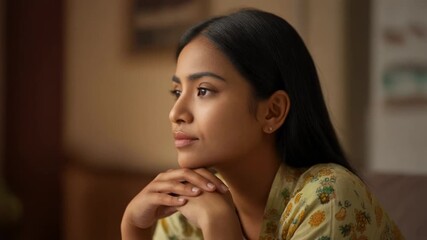 Contemplative young woman with hands on chin looking away in a serene indoor setting