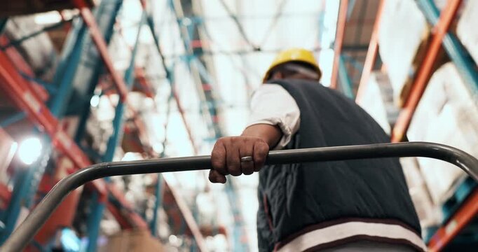 Supply chain, man and hand with cart in warehouse for transport, backlog control or delivery. Below, shipping picker and trolley in factory for inventory export, storage management or logistics