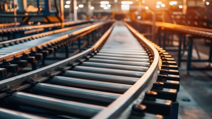 Empty industrial production line in factory. Conveyor belt, assembly line, warehouse storage, manufacturing concept. No products on line. Factories shutdown, business halted, supply chain issues,