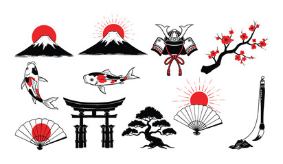 Assortment of Japanese Cultural Icons Including Mount Fuji and Koi Fish symbol